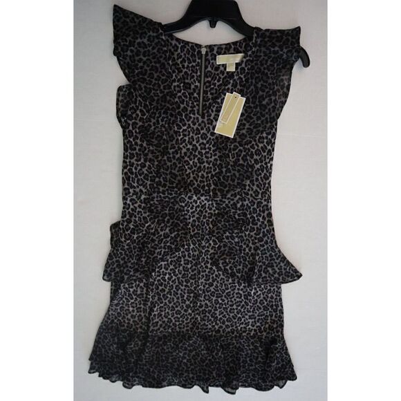 Michael Kors Women's Sz Small Malachite Gray Cheetah Print Ruffled Dress $125 - Picture 6 of 8